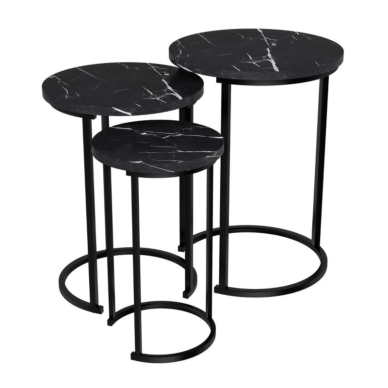 Hastings Home Set of 3 Round Living Room End Tables – Modern Faux Marble Top and Black Metal Base Nesting Tables or Nightstands
