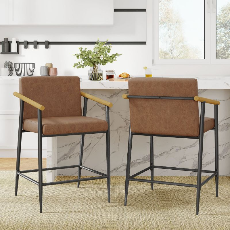 Christopher Knight Home Emil Mid Century Modern Upholstered Counter Stool with Iron Frame (Set of 2), Brown