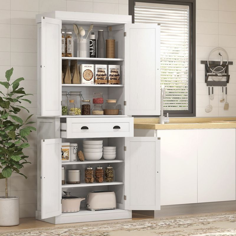 HOMCOM 72.5" Traditional Freestanding Kitchen Pantry Cupboard with 2 Cabinet, Drawer and Adjustable Shelves, White Wood Grain