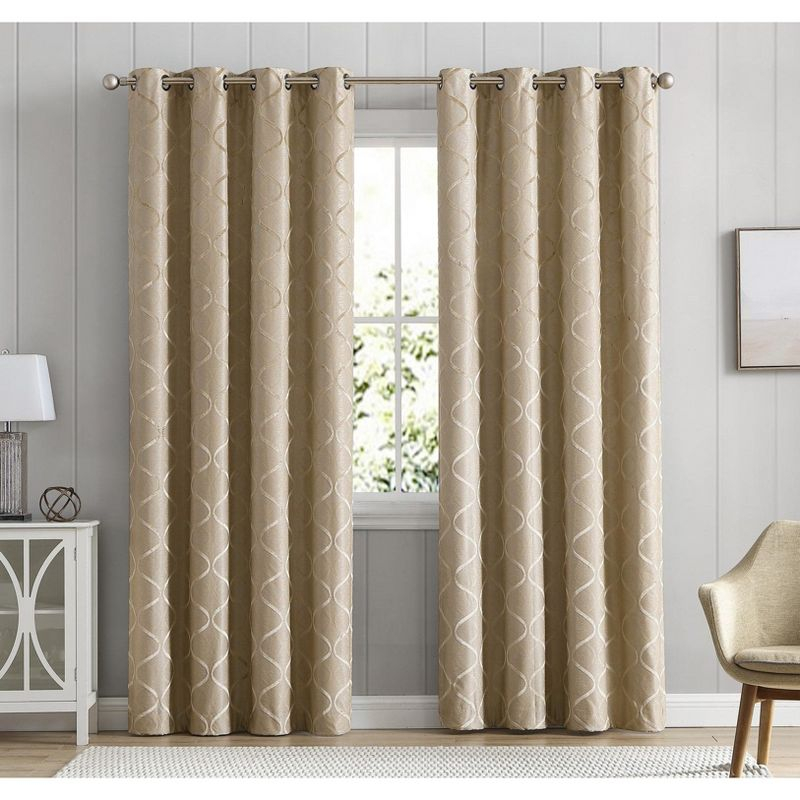 HLC.ME Versailles Lattice Flocked 100% Complete Blackout Thermal Insulated Window Curtain Grommet Panels, Set of 2 - Taupe, 50 W x 63 L