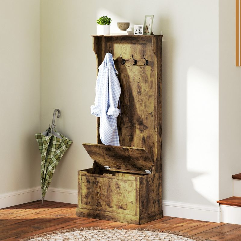 HOMCOM 3-In-1 Entryway Hall Tree with Storage Bench, Coat Rack with Four Hooks, and Shoe Storage, Rustic Brown