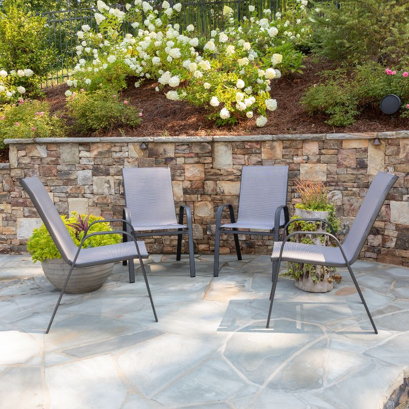 Emma and Oliver 4 Pack Gray Outdoor Stack Chair with Flex Comfort Material - Patio Stack Chair