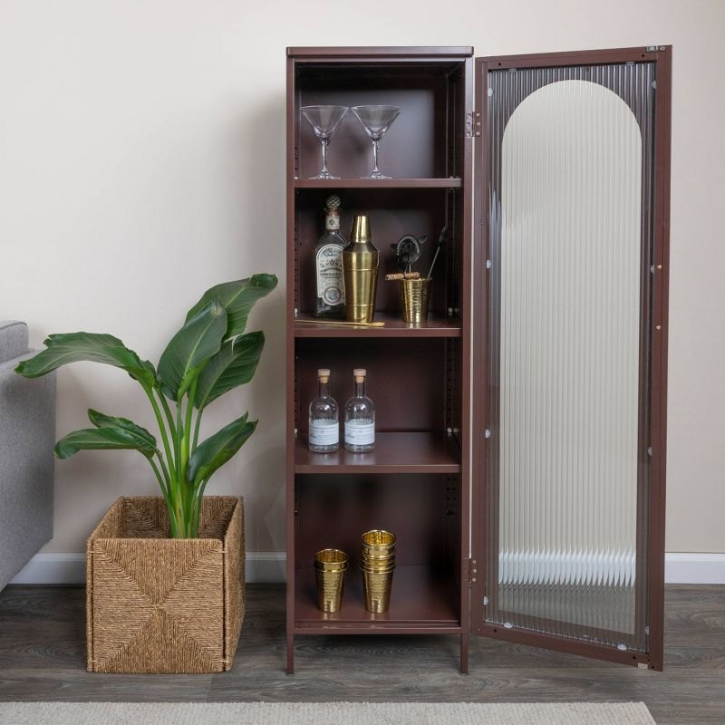 Storied Home Tall Metal Accent Cabinet: 3 Shelves, Arched Glass, Vintage Brown, 57" Height