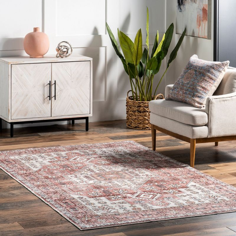 Nuloom Evon Traditional Medallion Pet Friendly Machine Washable Area Rug, 4' x 6', Blush Pink