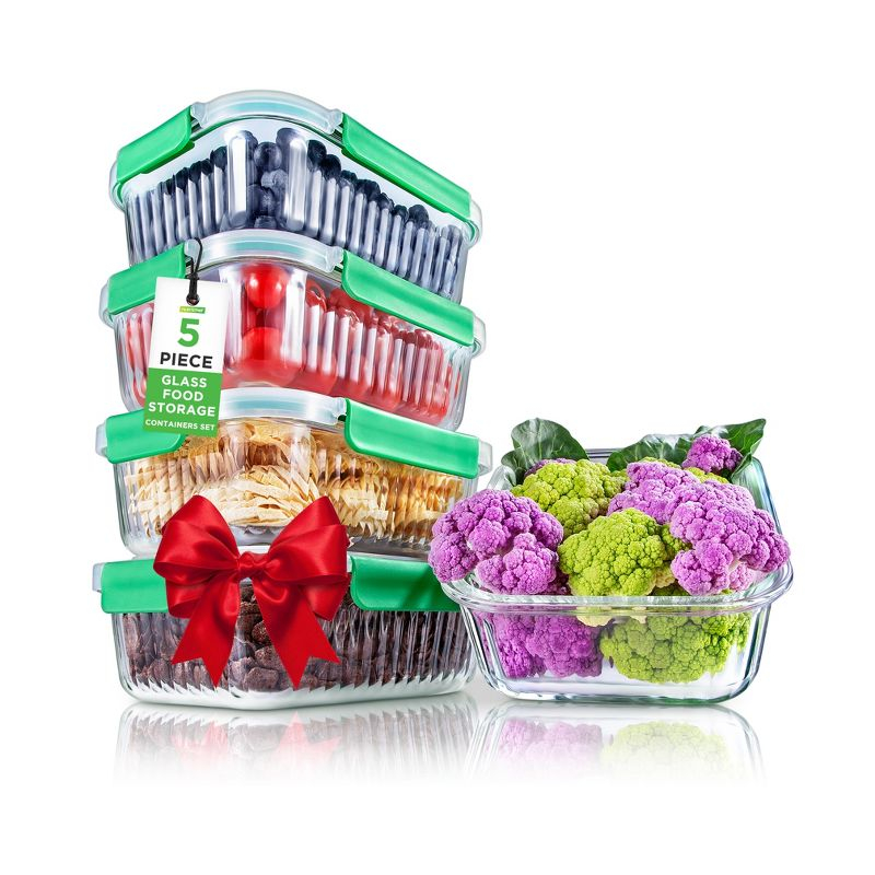 NutriChef 5-Piece Superior Glass Food Storage Containers Set - Stackable Design, Newly BPA-free Airtight Locking lids with Wave Design