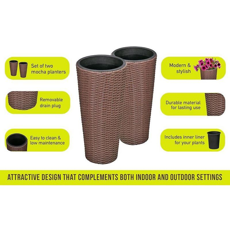 Balkene Home Noah All-Weather Wicker Planter Set with Liners Tall Plant Decor Box for Outdoors & Indoors Patio Herb Garden - 2 Piece Set – Mocha