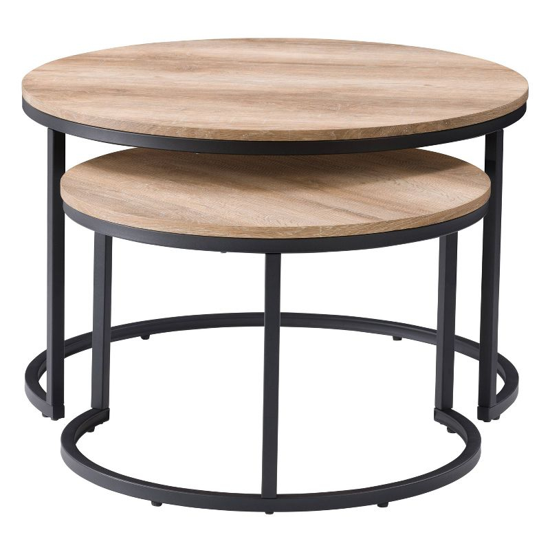 Set of 2 Wood Grain Finish Forth Worth Round Nesting Coffee Table Light Brown - CorLiving: Metal Legs, Small Space Design