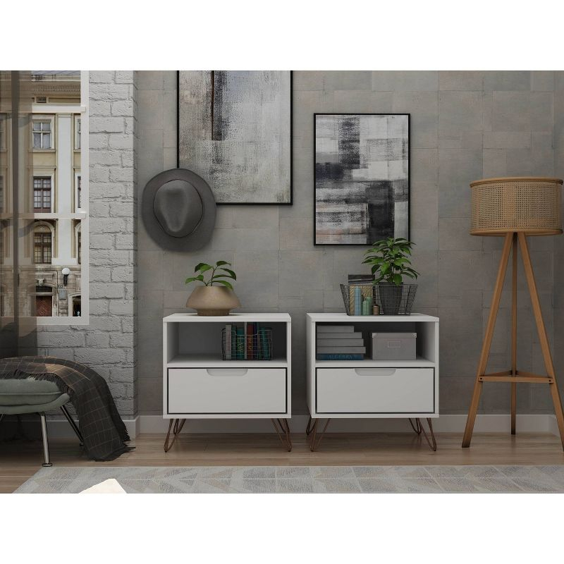 Set of 2 Rockefeller 1 Drawer Nightstands White - Manhattan Comfort: Mid-century Design, Metal Legs, Open Shelf
