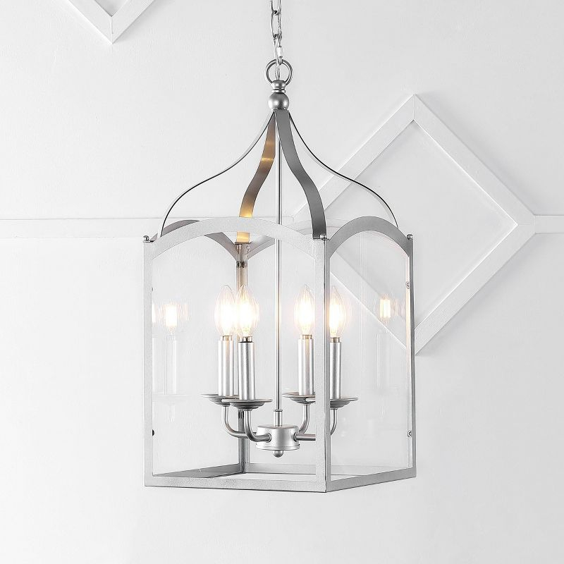 11" LED 4-light Ruth Classic Lantern Metal/Glass Pendant Silver - JONATHAN Y: ETL Listed, Adjustable Height