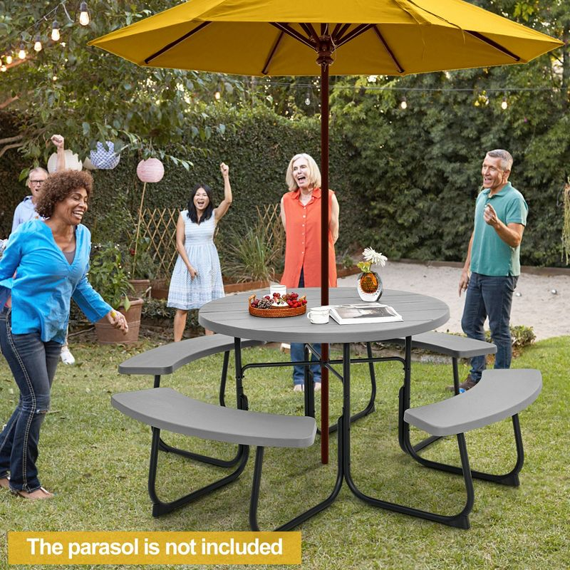 Costway Outdoor 8-person Round Picnic Table Bench Set with 4 Benches & Umbrella Hole Grey