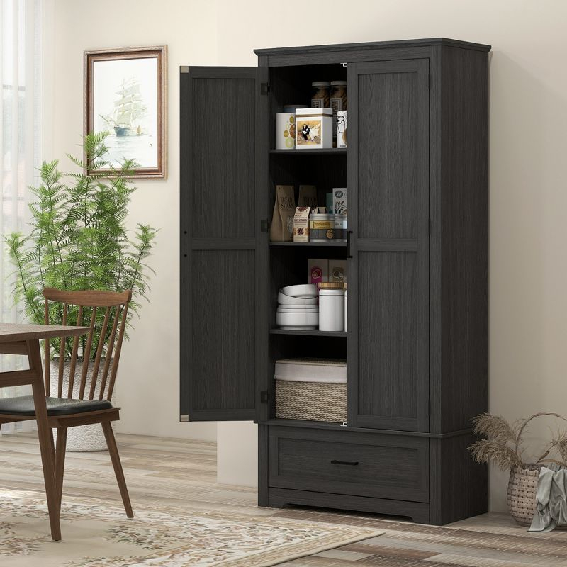 HOMCOM 69" Tall Farmhouse Kitchen Pantry Storage Cabinet with Drawer and Adjustable Shelves, Black