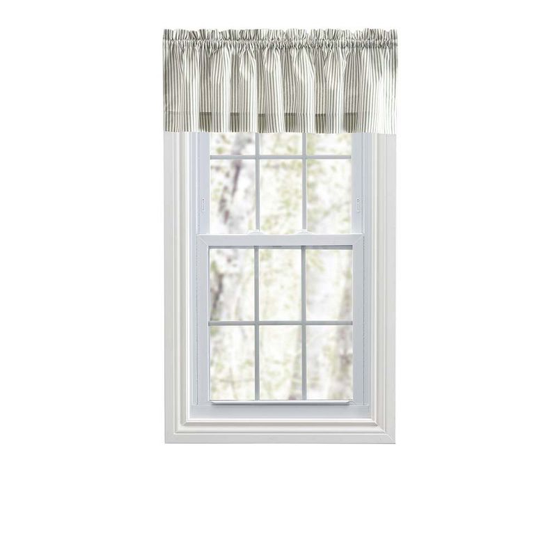 Ellis Curtain Plaza Classic Ticking Stripe Printed on 1.5" Rod Pocket Natural Ground Tailored Valance 58" x 15" Sage