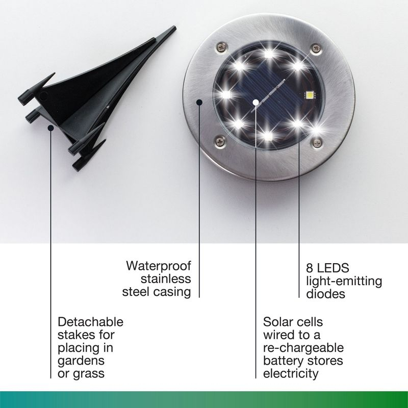 Bell + Howell 8 LED Solar Powered Disk Lights, 4 Pack, Outdoor Pathway Lights, Waterproof, Auto On/Off, Rust Resistant