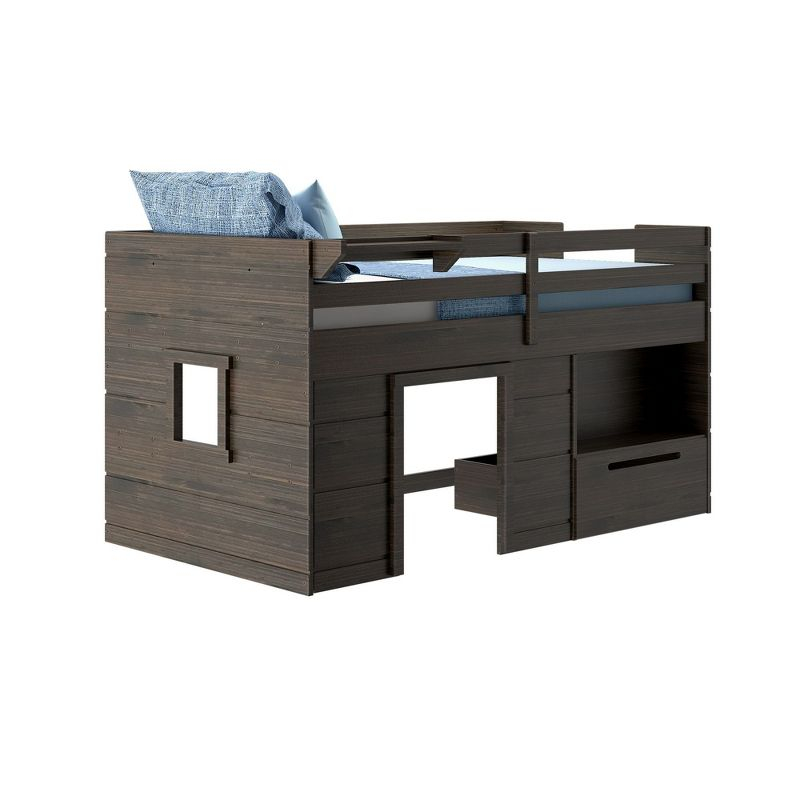 Max & Lily Loft Bed Twin Size Solid Wood Platform Bed Frame for Kids with Storage Drawer, Barnwood Brown