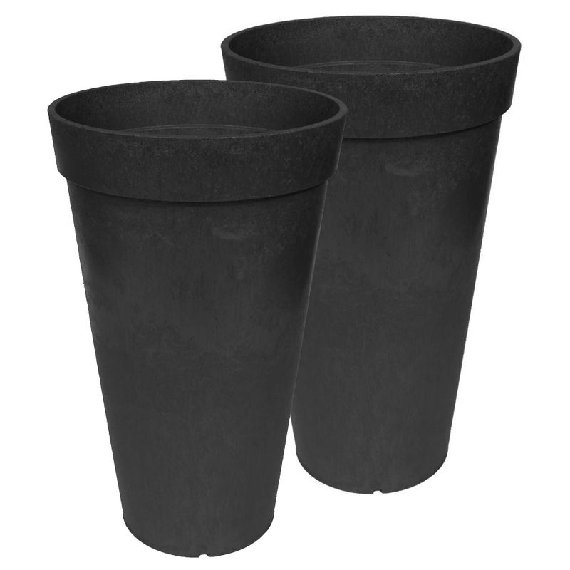 Tierra Verde 2 Pack Aria Indoor/Outdoor Self Watering Tall Round Planter, Weatherproof for Patio, Garden, and Porch Use, 12.5"W x 20"H, Black