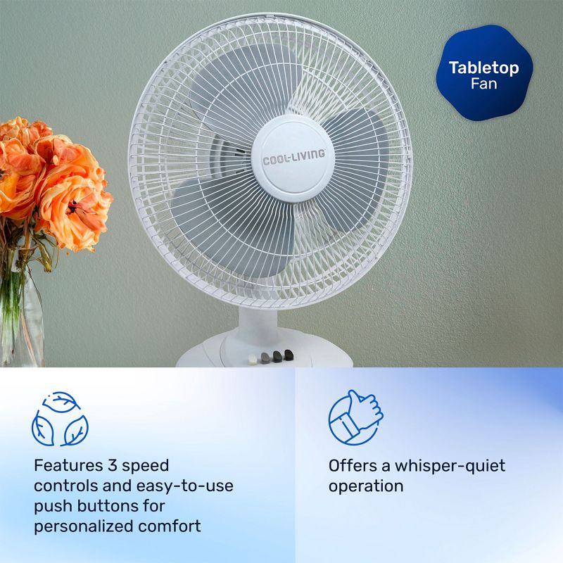 Cool Living CL-30 12-Inch 3-Speed Oscillating Table Fan, Standing Fan for Table or Counter, White