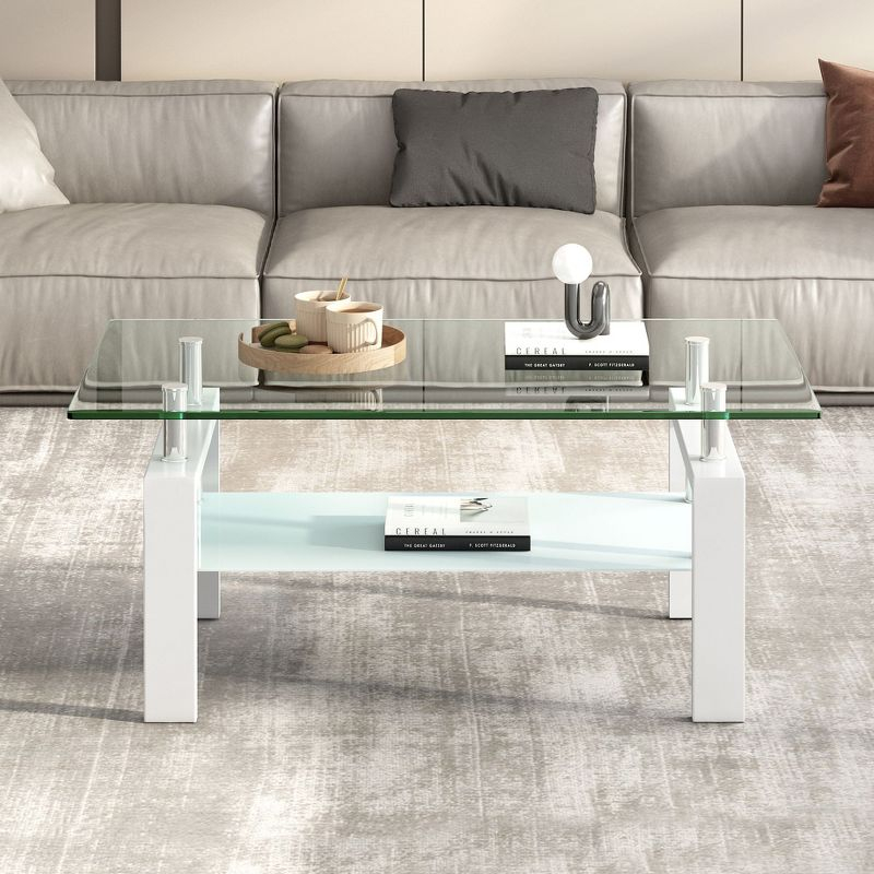 NicBex Modern Rectangular Coffee Table with Tempered Glass Top,2-Layer Glass Center Table for Living Room,Living Room Furniture,White