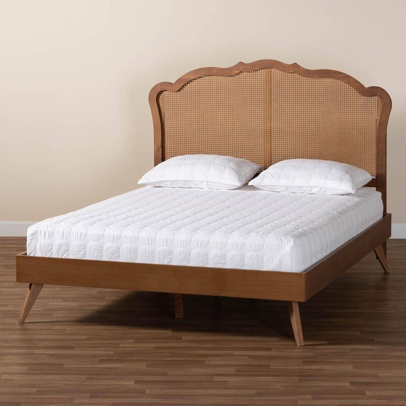 Baxton Studio King Aithan Wood and Rattan Platform Bed Walnut Brown