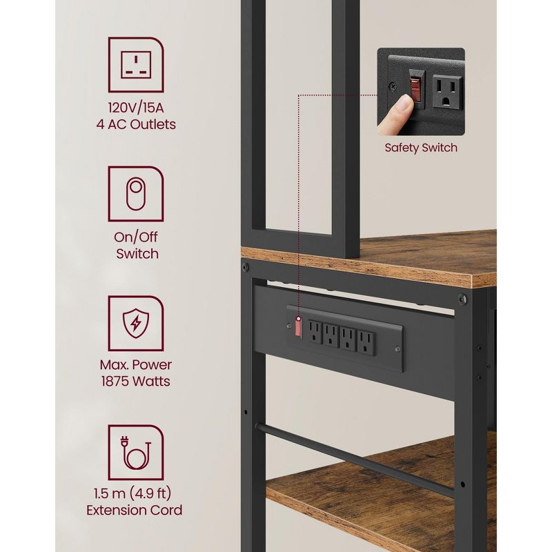 VASAGLE Bakers Rack with Charging Station, Coffee Bar with Adjustable Storage Shelves, Kitchen Microwave Stand, Rustic Brown and Ink Black