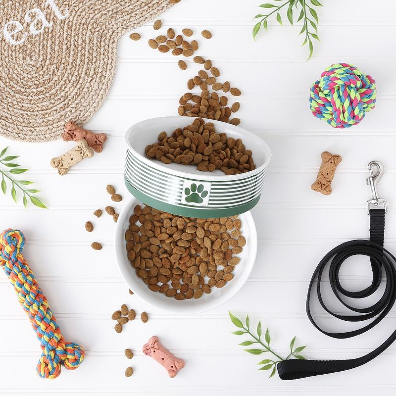 Bone Dry Pet Bowl - Paw Patch Stripe Hunter Green - Large 7.5Dx2.4H Set/2