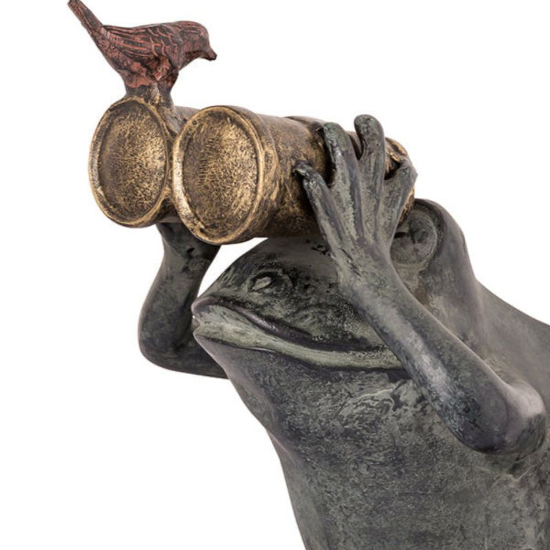 SPI Home Frog Spectator with Bird Sculpture – 13.5" Bronze Whimsical Garden Decor for Outdoor Patio or Indoor Display