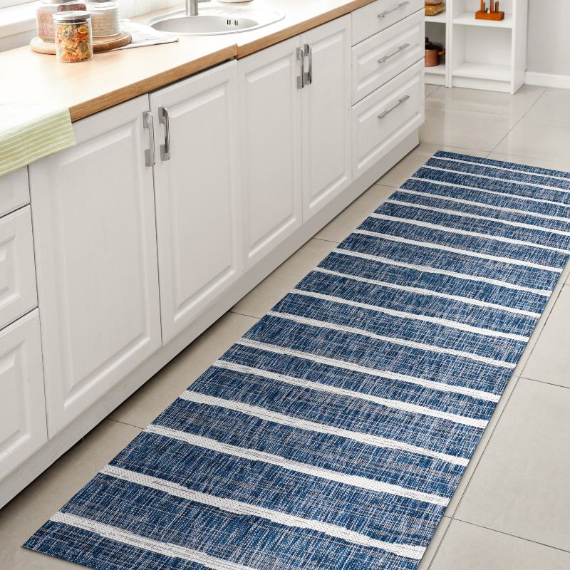 2'x10' Colonia Berber Stripe Indoor/Outdoor Runner Rug, Blue/Ivory - JONATHAN Y