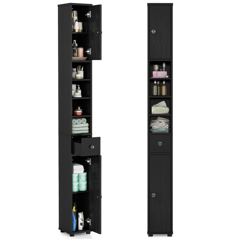Tangkula Tall Slim Bathroom Storage Cabinet 71" Freestanding w/ 2 Doors 1 Drawer & 5 Adjustable Shelves Narrow Tower Cabinet for Small Spaces Black