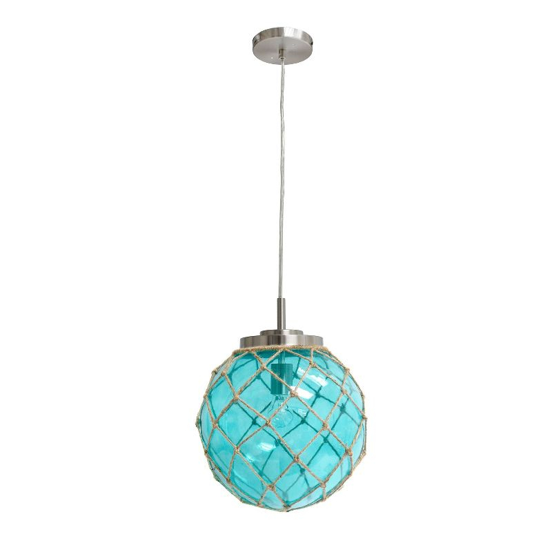 Buoy Netted Coastal Ocean Sea Glass Pendant with Natural Rope Aqua - Elegant Designs: Brushed Nickel Canopy, UL Listed