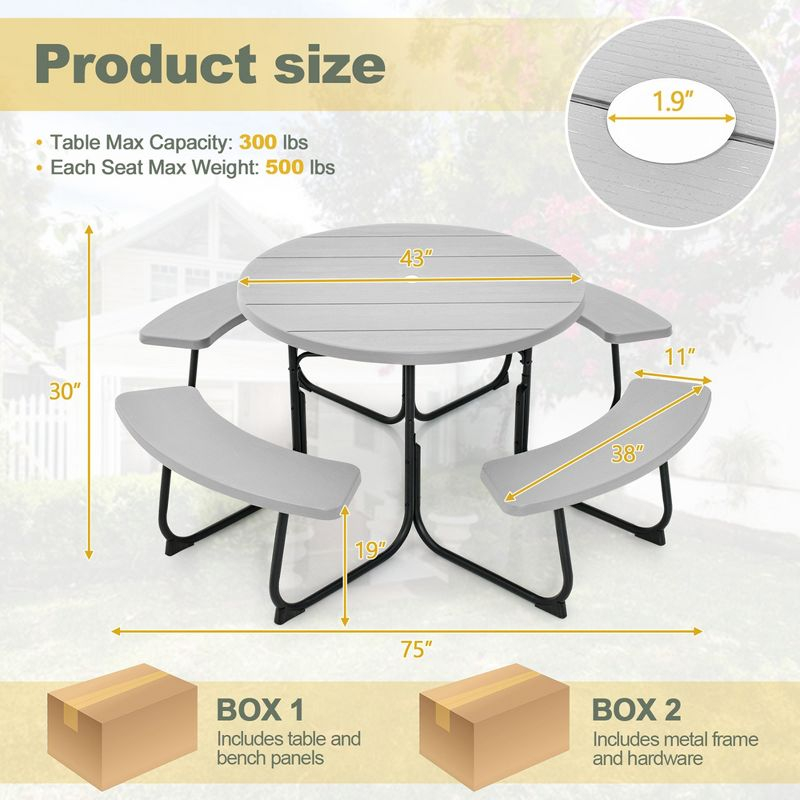 Costway Outdoor 8-person Round Picnic Table Bench Set with 4 Benches & Umbrella Hole Grey