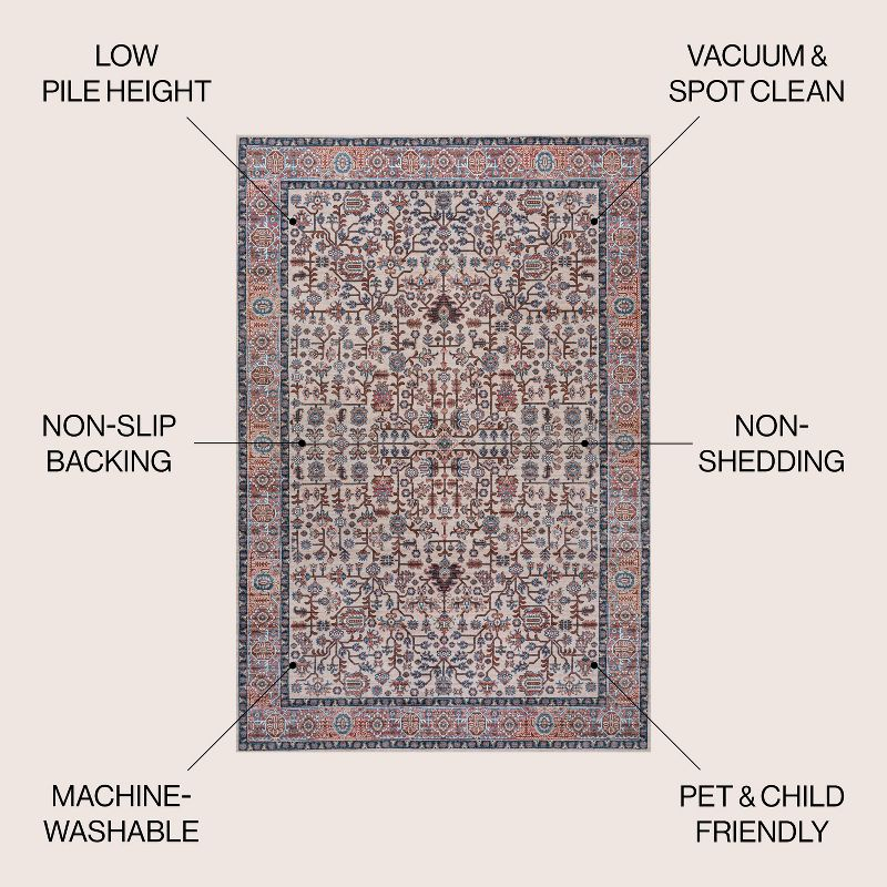Kemer All-Over Persian Machine-Washable Beige/Red/Blue 3 ft. x 5 ft. Area Rug - JONATHAN Y