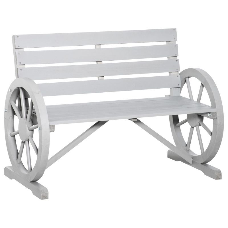 Outsunny Wooden Wagon Wheel Bench Rustic Outdoor Patio Furniture, 2-Person Seat Bench with Backrest Charcoal Gray