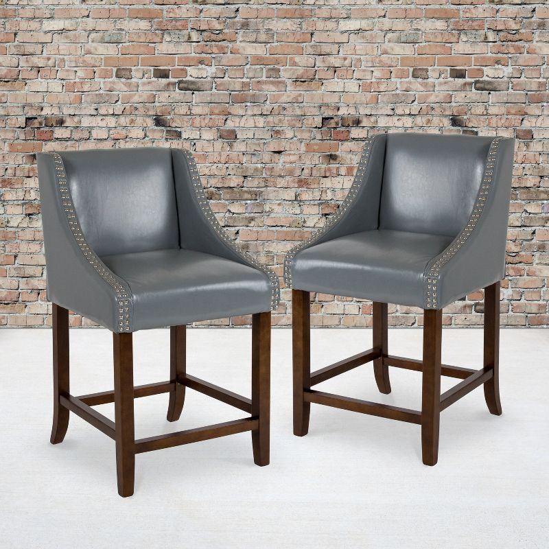 Flash Furniture Carmel Series 24" High Transitional Walnut Counter Height Stool with Nail Trim in Light Gray LeatherSoft, Set of 2