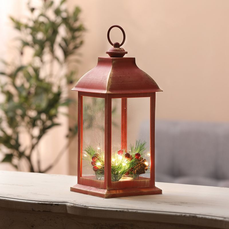 LuxenHome Lighted Berry and Pinecone Rustic Red Lantern Holiday Decoration, Tabletop and Centerpiece, Battery-Operated