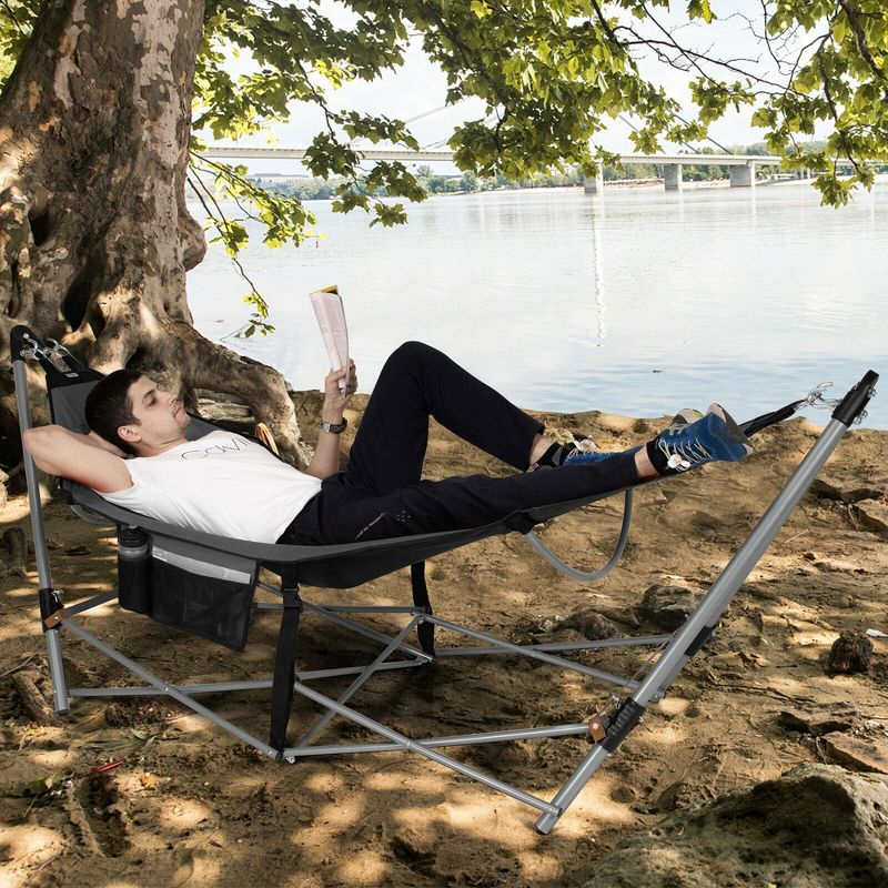 Costway Folding Hammock Indoor & Outdoor Hammock with Side Pocket & Iron Stand Grey