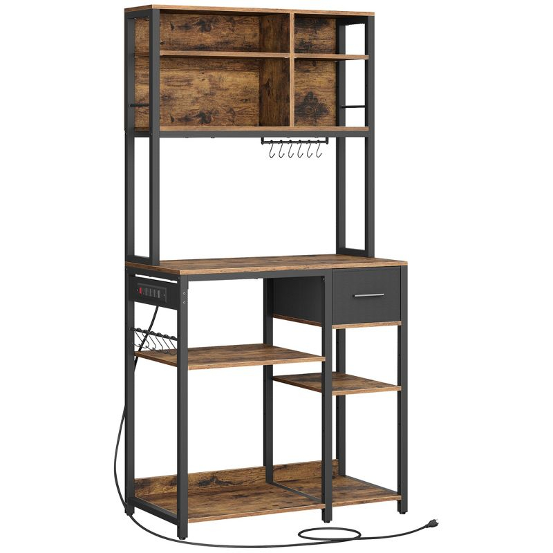 VASAGLE Bakers Rack with Charging Station, Coffee Bar with Adjustable Storage Shelves, Kitchen Microwave Stand, Rustic Brown and Ink Black