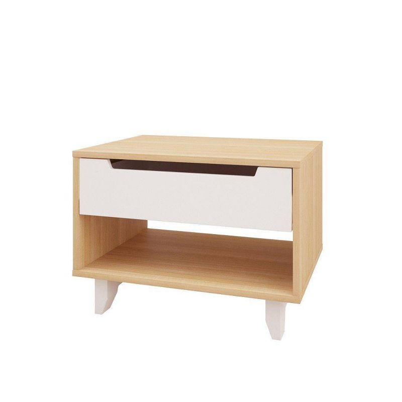 Open Shelf 1 Drawer Nightstand White/Natural Maple - Nexera: Mid-Century Modern Bedside Table, Wood Composite