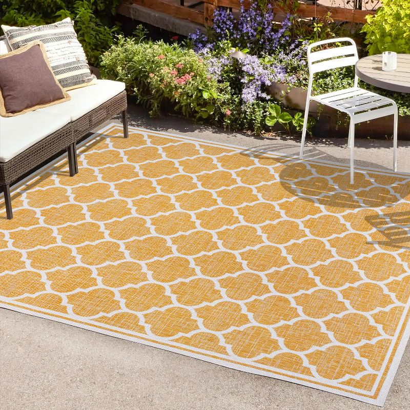 9' x 12' Trebol Moroccan Trellis Textured Weave Indoor/Outdoor Area Rug, Yellow/Cream - JONATHAN Y