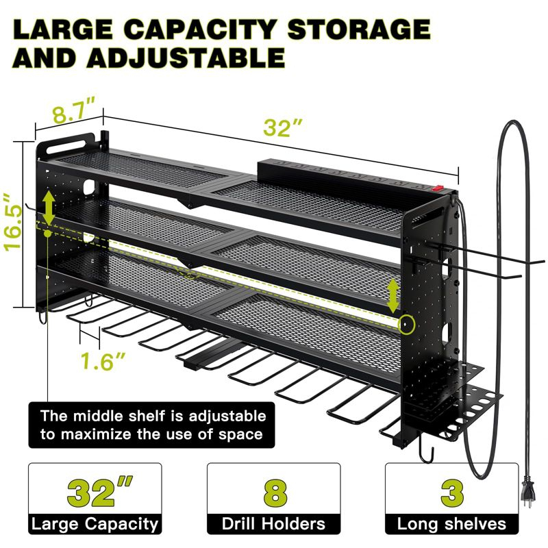 Hausource 4-Tier Tool Organizer Wall Mount Tool Storage Utility Shelf w/8 Drill Holder,Red/Black/Yellow