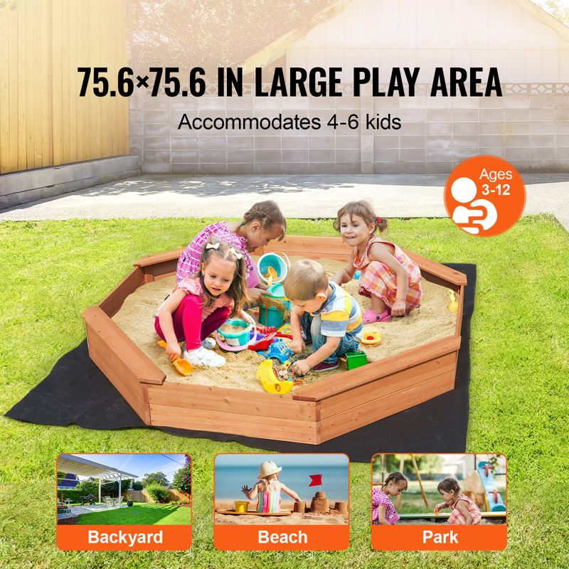 VEVOR Wooden Sandbox with Cover, 75.6 x 75.6 x 9.1 in Octagonal Sand Box, Sand Pit with 4 Seating and Bottom Liner