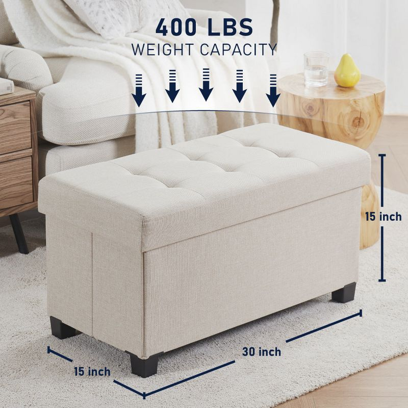 Ornavo Home Foldable Tufted 30 Inch Linen Bench Storage Ottoman with Legs - Black