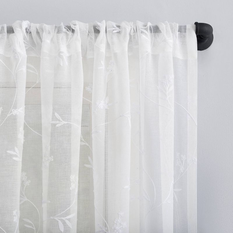 84"x50" Delia Embroidered Floral Sheer Rod Pocket Curtain Panel Ivory - No. 918: Modern Botanical Plain Weave