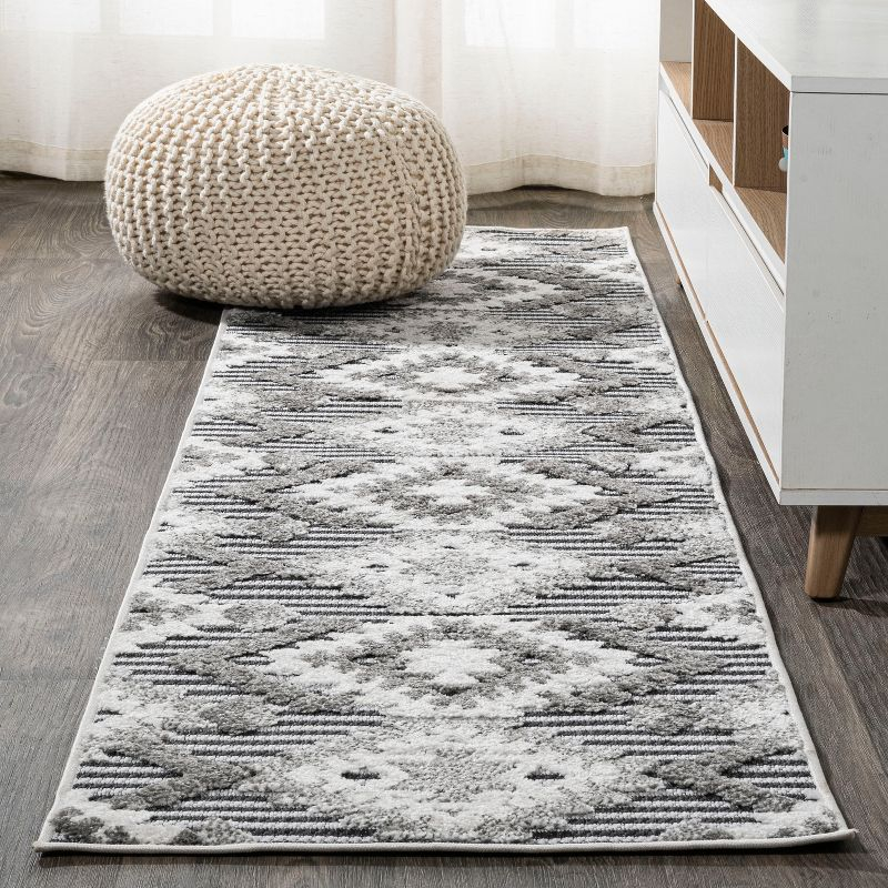 2'x10' Sumak High-Low Pile Neutral Diamond Kilim Indoor/Outdoor Runner Rug, Gray/White/Black - JONATHAN Y