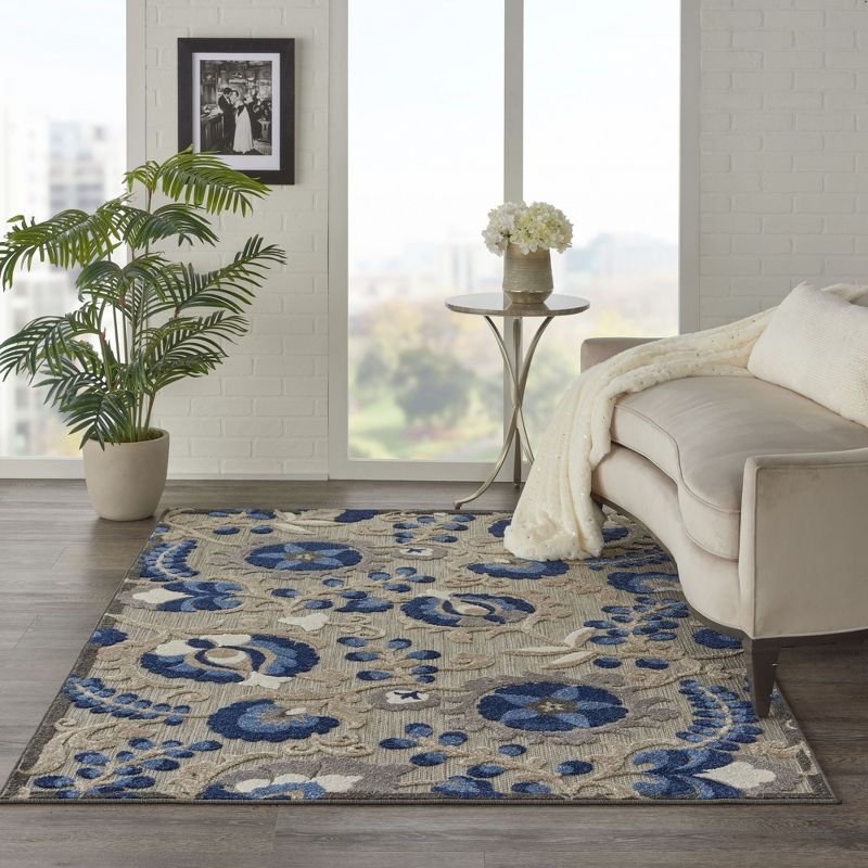 Nourison Aloha Floral Textured Flatweave High-Low Indoor Outdoor Area Rug Natural/Blue 6' x 9'