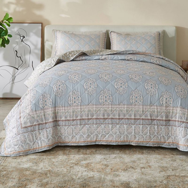 2pc Twin Printed Vintage Quilt Bedding Set Beige/Blue - Patina Vie: Reversible Damask Pattern, OEKO-TEX Certified
