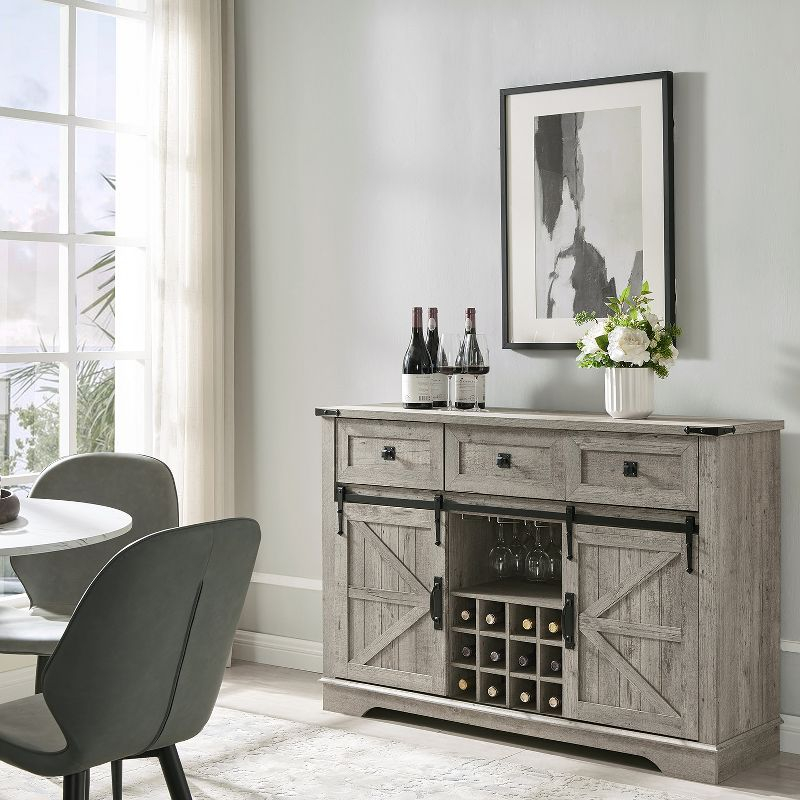 SinCiDo 54" Wine Bar Cabinet w/Sliding Barn Door, Kitchen Coffee Bar Cabinet w/Wine & Glass Rack, 3 Drawers, Large Buffet Sideboard, Light Rustic Oak