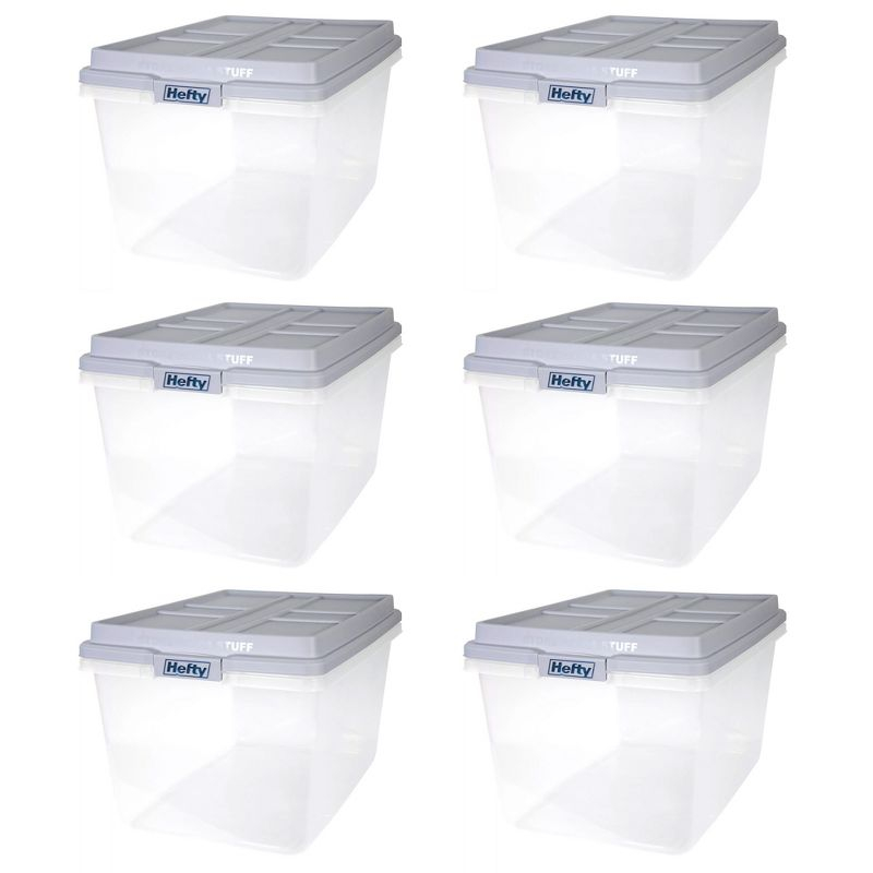 Hefty 72 Quart Hi-Rise Storage Bin with Lid, Stackable Plastic Container Tote for Home, Office, and Classroom Organization, 6 Pack, Quarry Gray