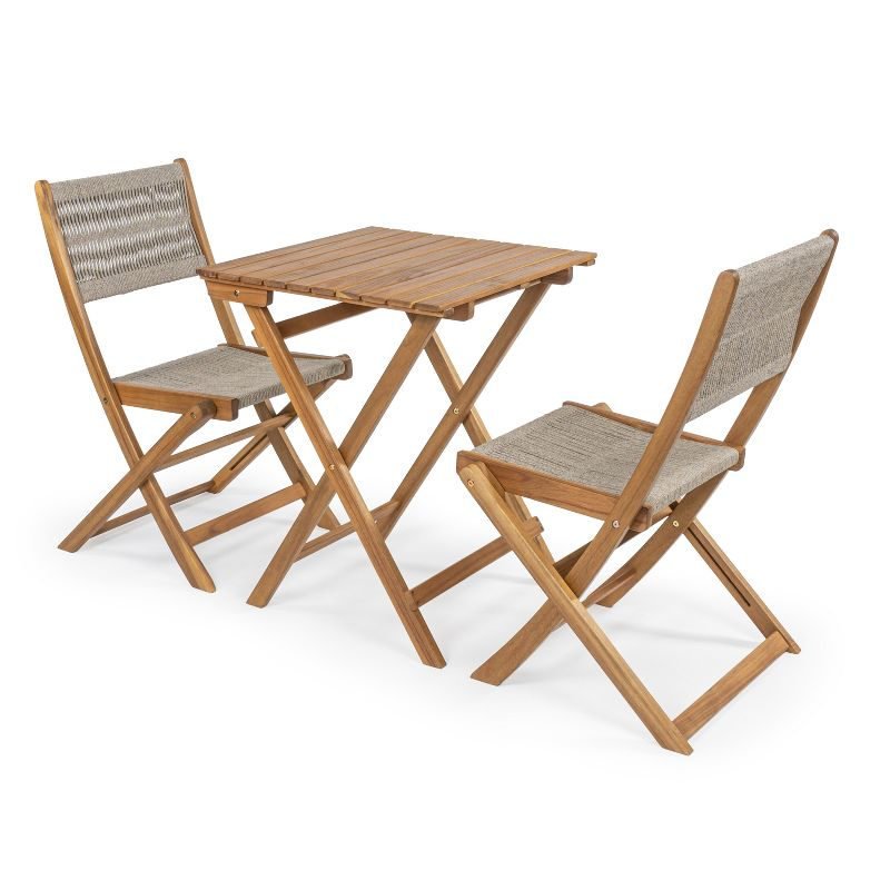 Javea Modern Coastal 3-Piece Acacia Wood Outdoor Folding Bistro Set, Beige/Teak Brown - JONATHAN Y