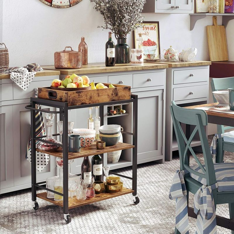 VASAGLE Kitchen Serving Cart with Removable Tray, 3-Tier Kitchen Utility Cart on Wheels with Storage, with Brakes, Rustic Brown and Black