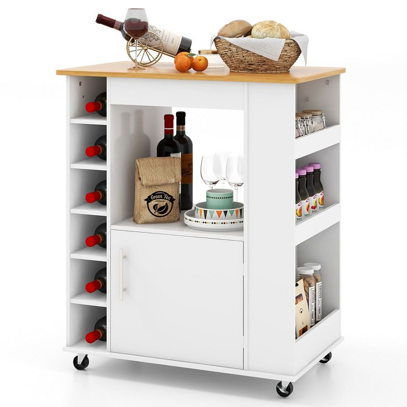 Tangkula Kitchen Cart on Wheels Mobile Kitchen Storage Island w/ 6-Bottle Wine Rack