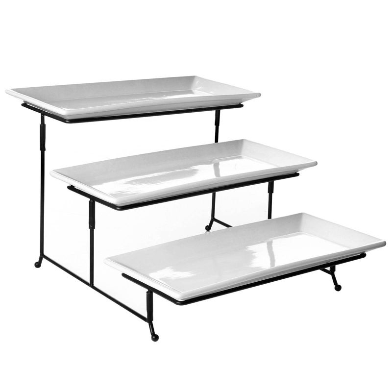 Gibson Elite Porcelain Gracious Serving Plate Set with Metal Stand: Tiered Cupcake & Serving Tray, Rectangle